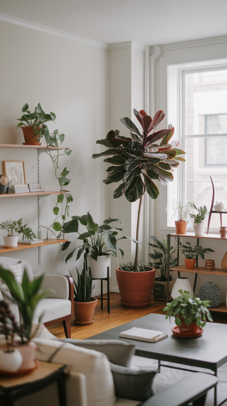 A cozy living room with indoor plants and modern decor.