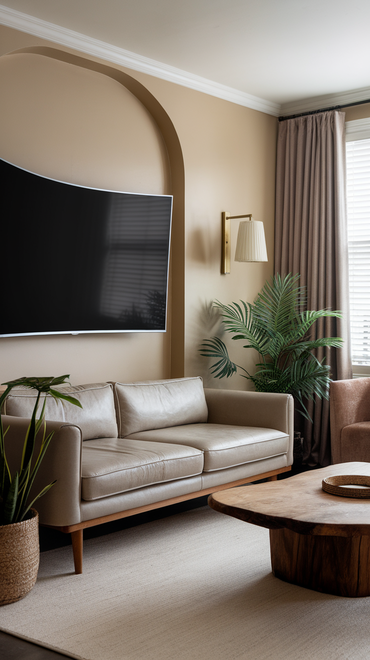 A cozy and stylish living room featuring a modern couch, decorative plants, and ambient lighting.