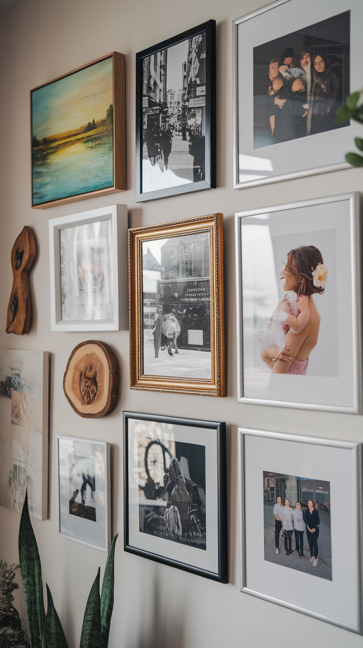 A gallery wall featuring various framed pictures and art pieces.