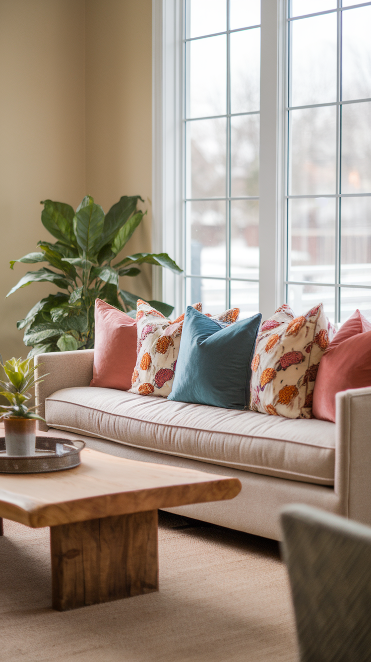 A cozy living room setup with a beige sofa adorned with colorful throw pillows, a wooden coffee table, and a plant beside large windows.