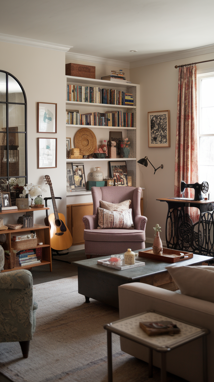 A cozy living room featuring bookshelves, a guitar, and decorative items, showcasing personal style.