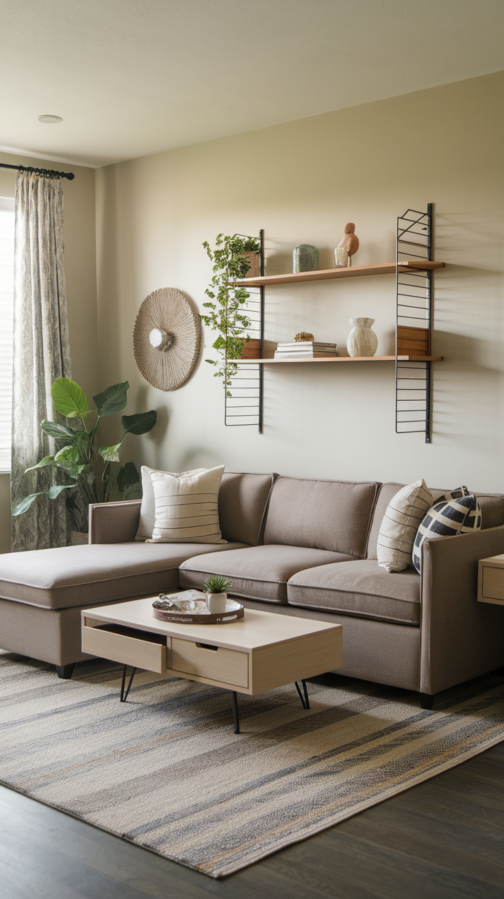 Cozy living room with a stylish sofa, decorative shelves, and warm lighting