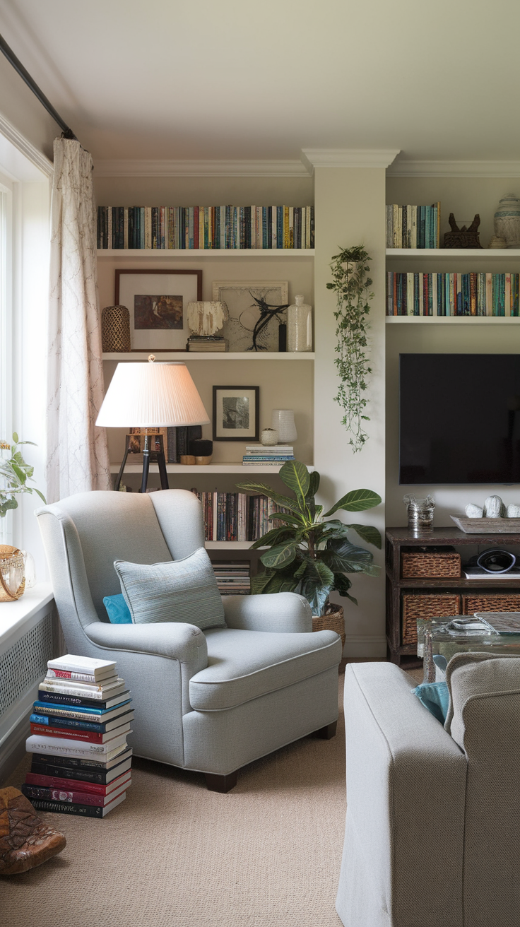 Cozy living room with a comfortable chair, bookshelves, and plants.