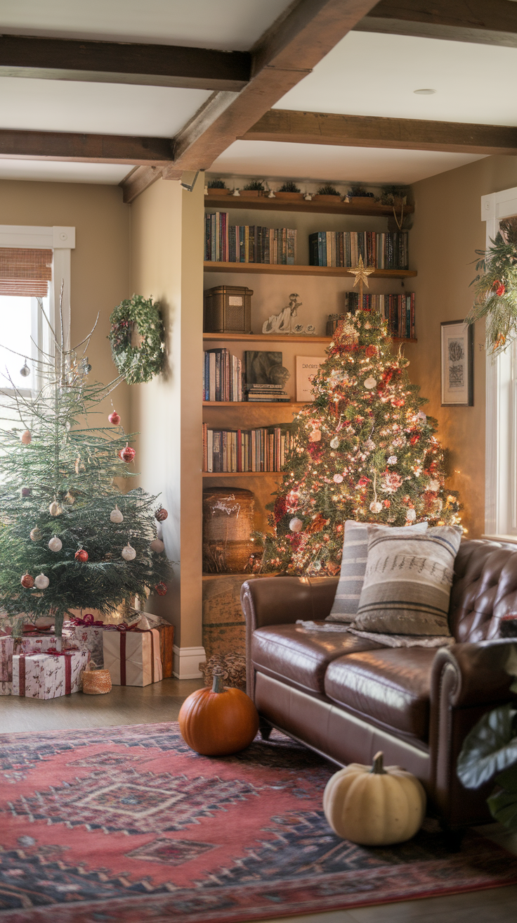 Cozy living room decorated for the holidays with Christmas trees, pumpkins, and warm lighting.