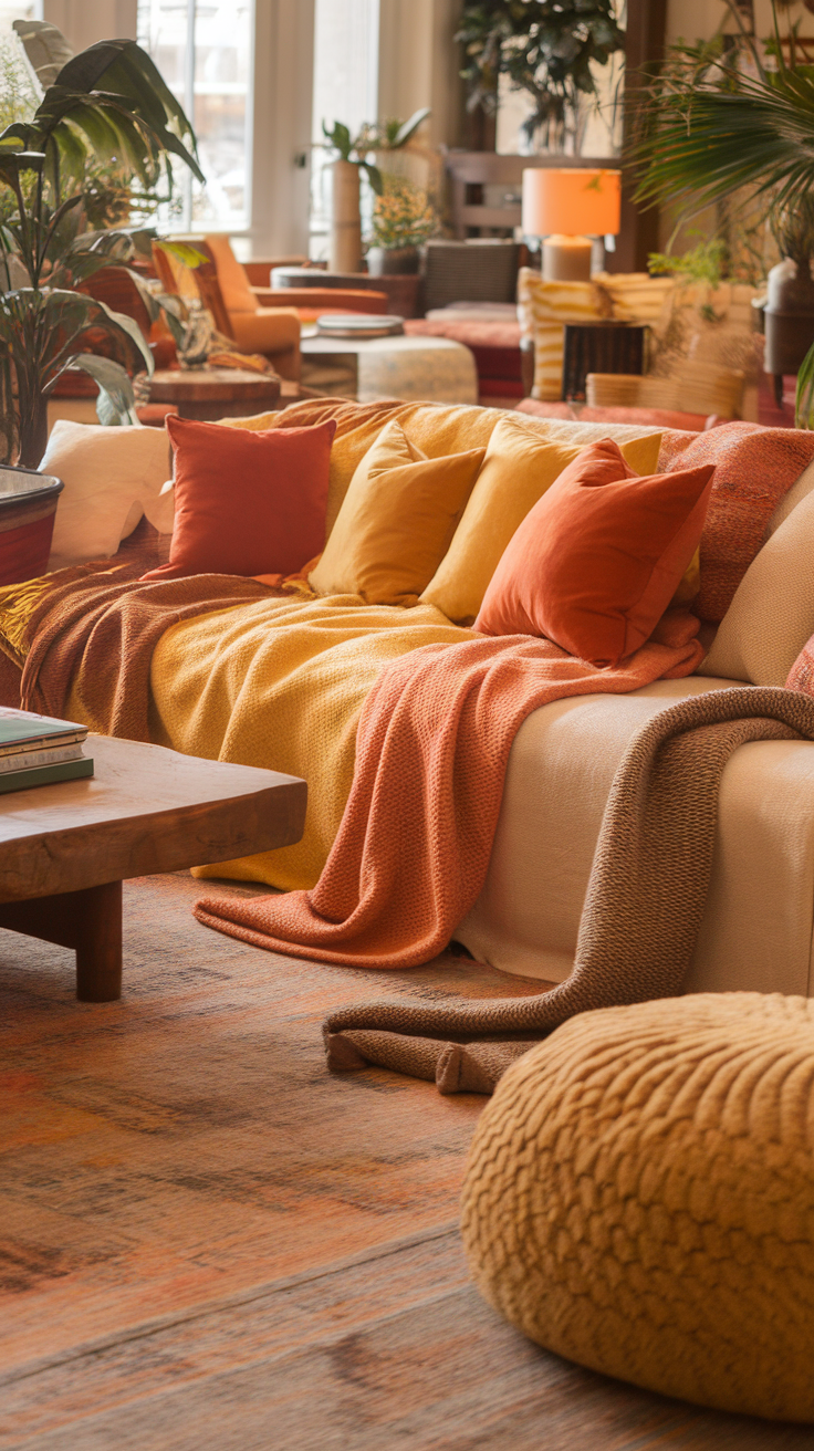 Cozy living room with warm textiles, pillows, and a comfortable atmosphere.