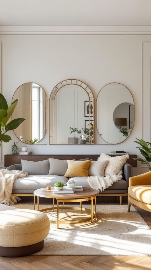 A stylish living room featuring a gray sofa, warm accents, and three decorative mirrors on the wall.