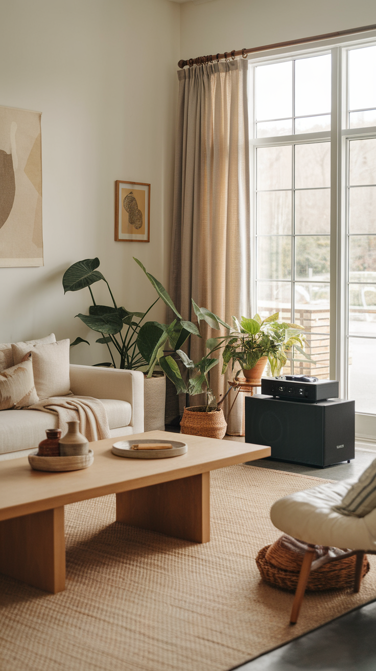 A cozy and stylish living room with plants, a comfortable sofa, and a speaker.