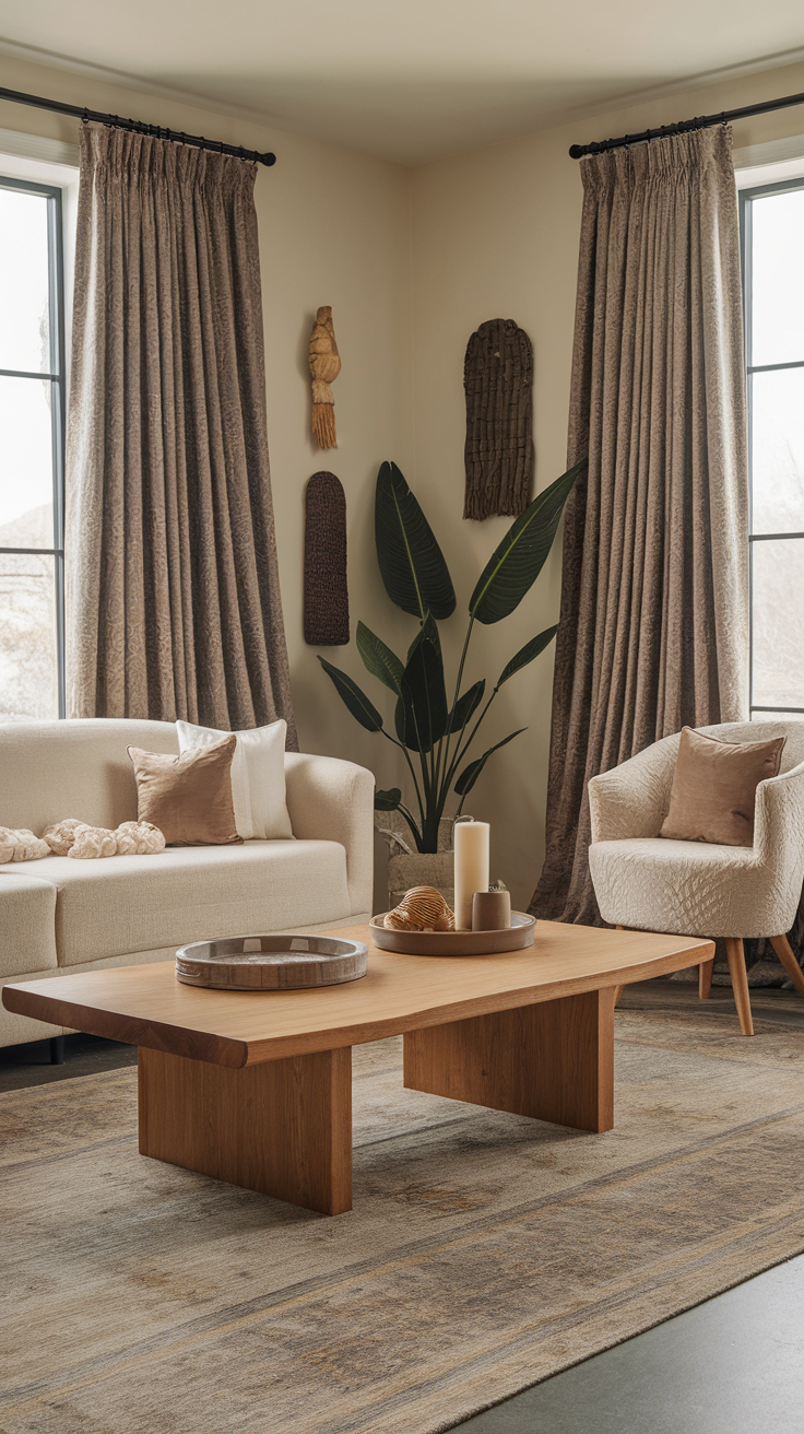 A cozy living room with a modern design featuring soft furnishings and decorative elements.