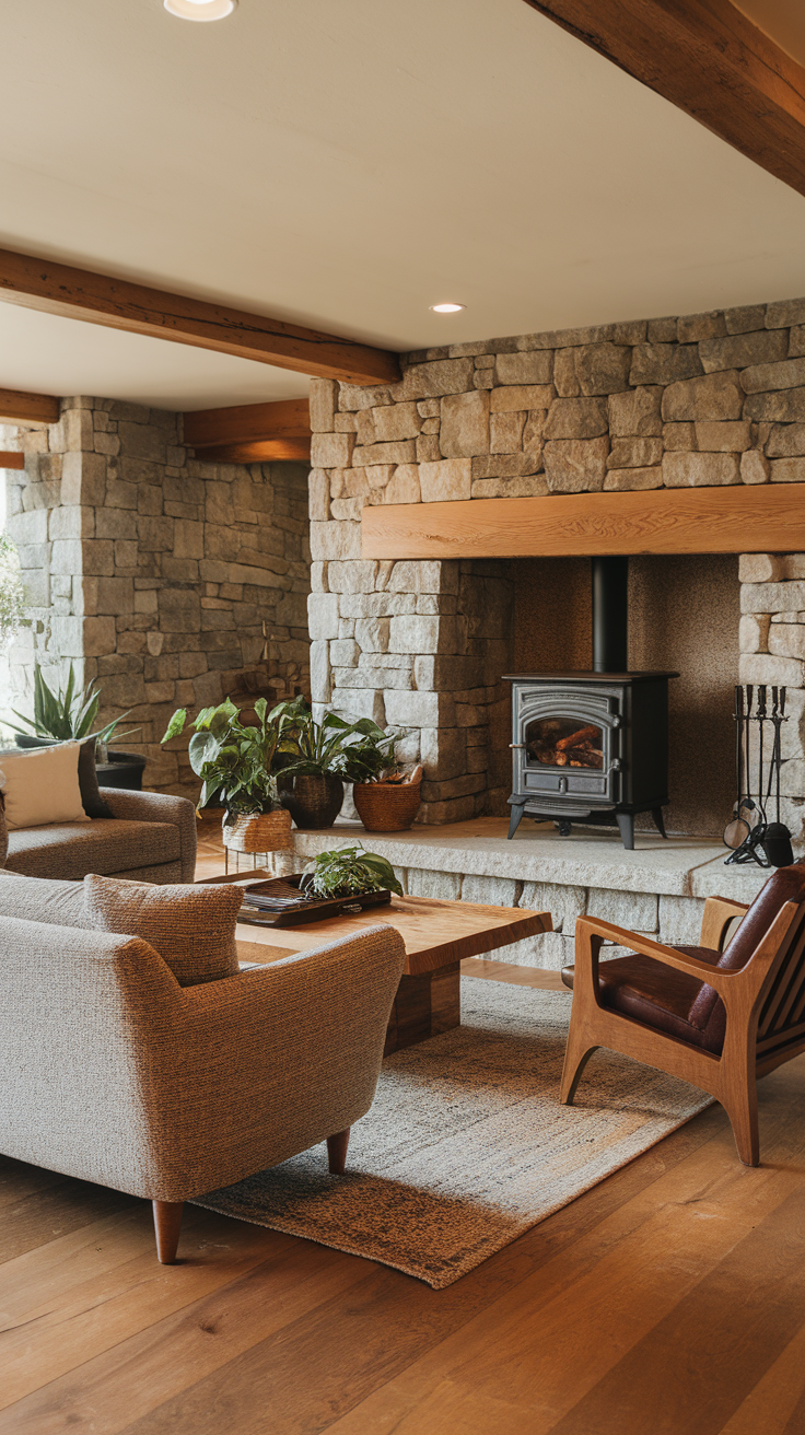 Cozy living room with stone fireplace and plants