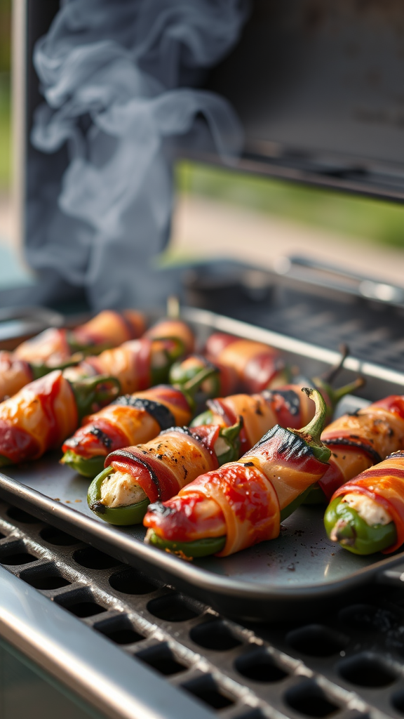 Stuffed jalapeños wrapped in bacon on a grill, with smoke rising in the background.