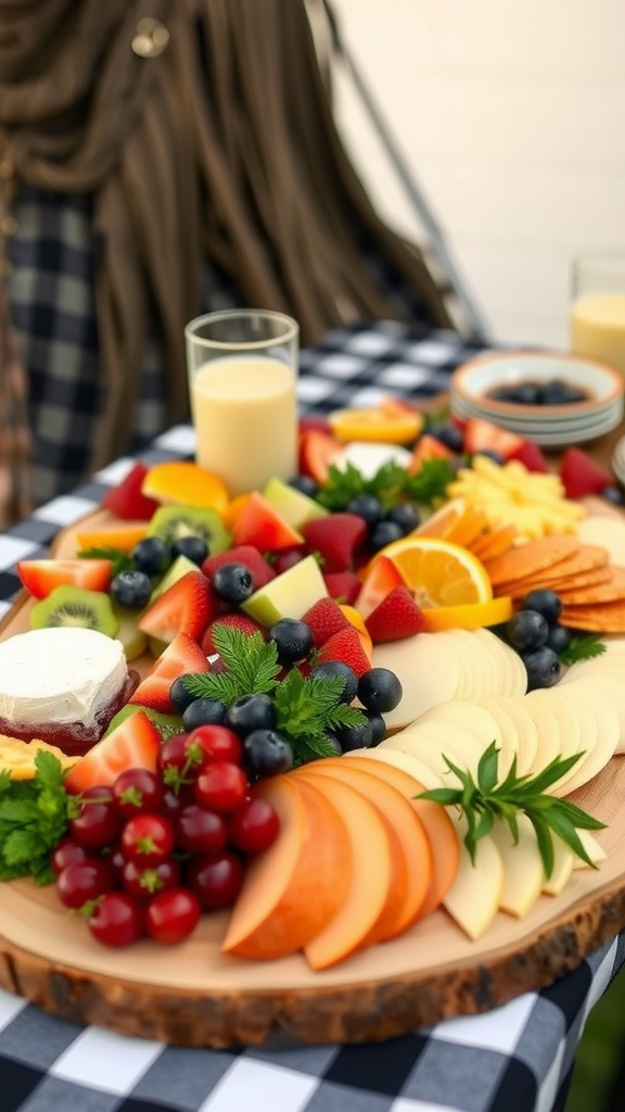 A vibrant fruit and cheese platter featuring various fruits and cheeses on a wooden board.