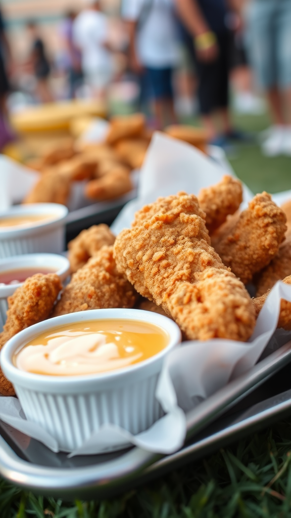 Crispy chicken tenders served with honey mustard sauce on a tray