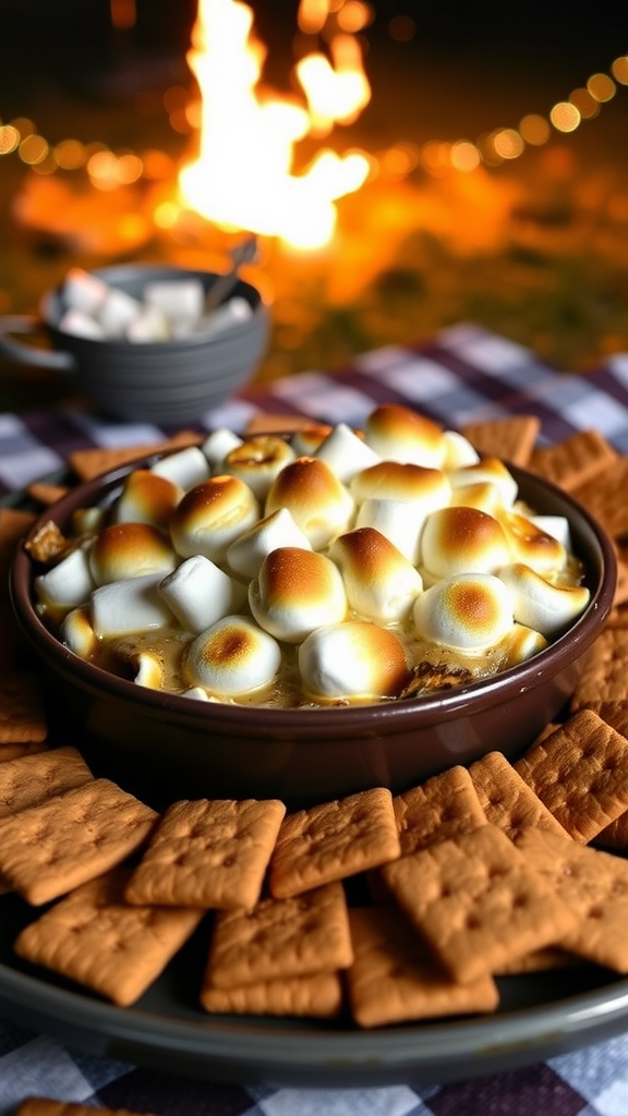 A bowl of s'mores dip with toasted marshmallows surrounded by graham crackers, set against a warm fire backdrop.