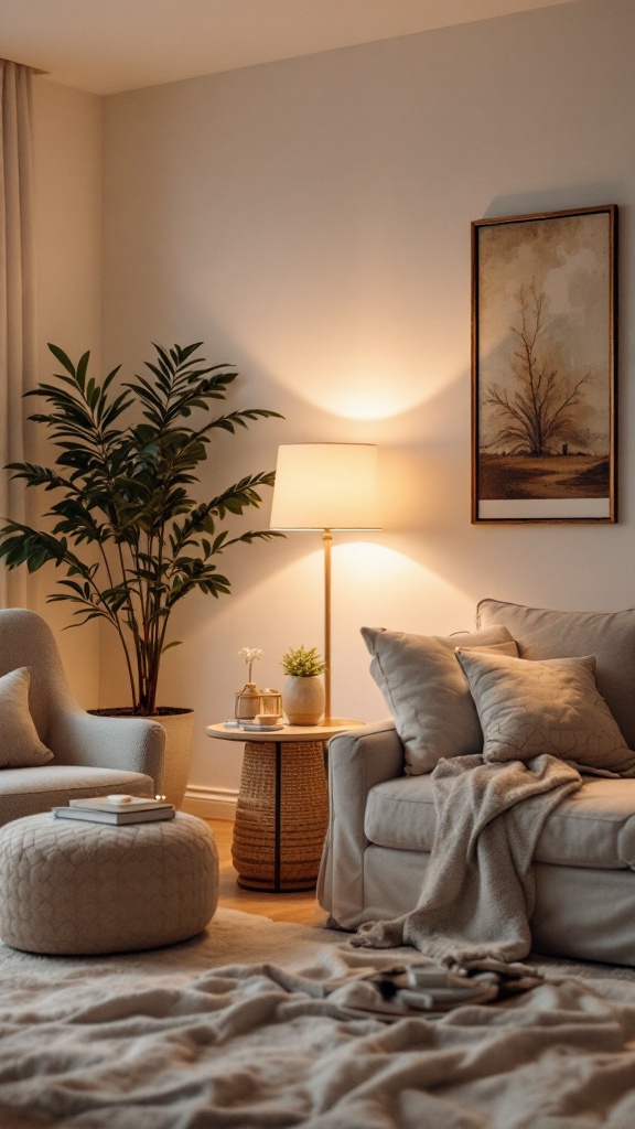 Cozy living room with soft lighting, modern boho elements, and plants.