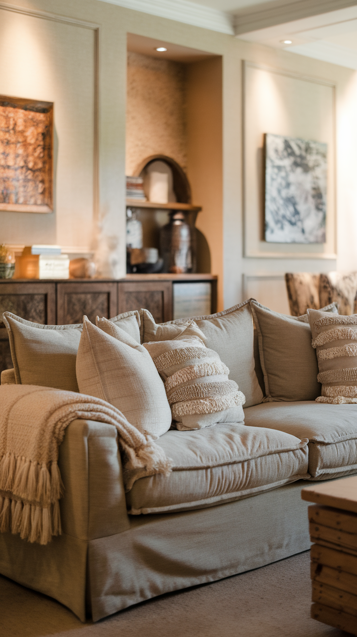 Cozy living room with layered textiles and warm colors, featuring a comfortable sofa and decorative pillows.