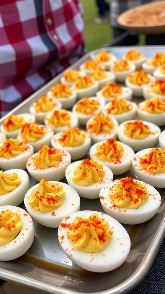 Tray of classic deviled eggs topped with paprika.