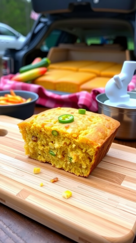 A slice of cheesy jalapeño cornbread on a wooden cutting board, with a picnic background.