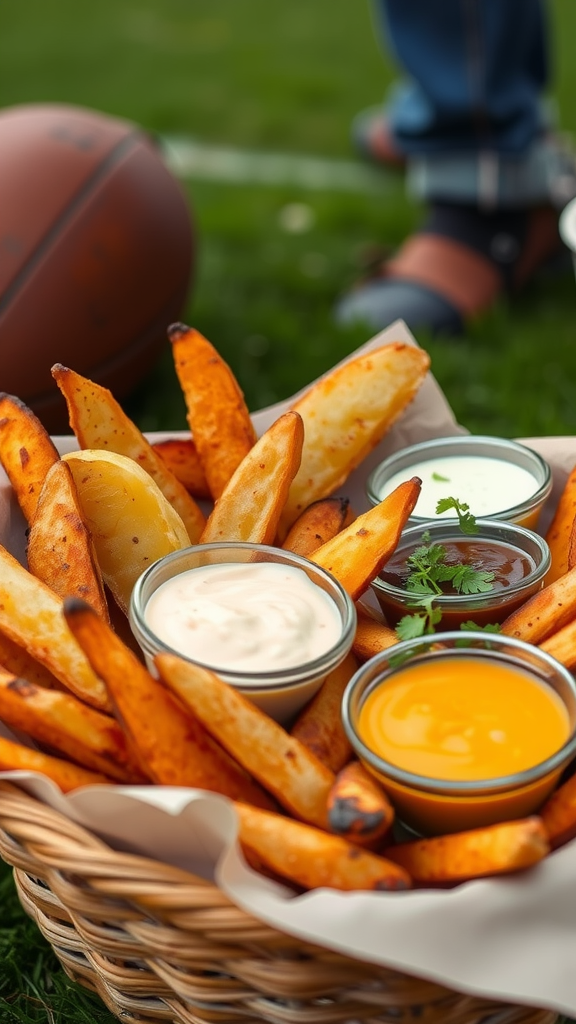 A basket of crispy potato wedges with various dipping sauces, set against a green lawn with a football in the background.