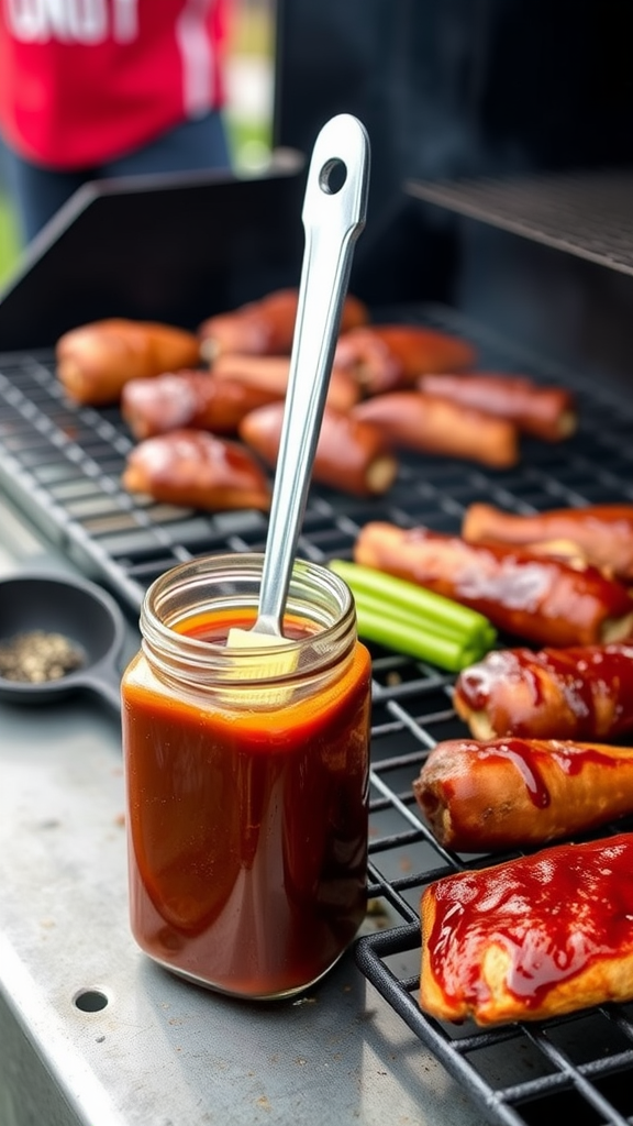 A jar of homemade BBQ sauce with a brush on top, next to grilled sausages and celery sticks.