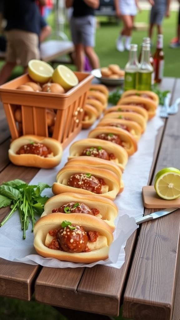 A table with mini meatball subs lined up, garnished with herbs, and accompanied by lemons and drinks.