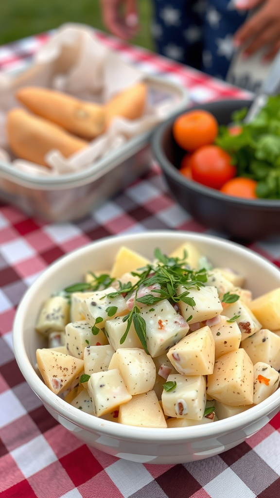 Bowl of homemade potato salad with chunks of potatoes and herbs, placed on a picnic table with a checkered tablecloth.