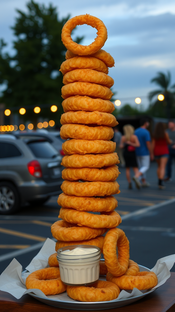 A tall stack of golden beer-battered onion rings with a small bowl of dipping sauce.