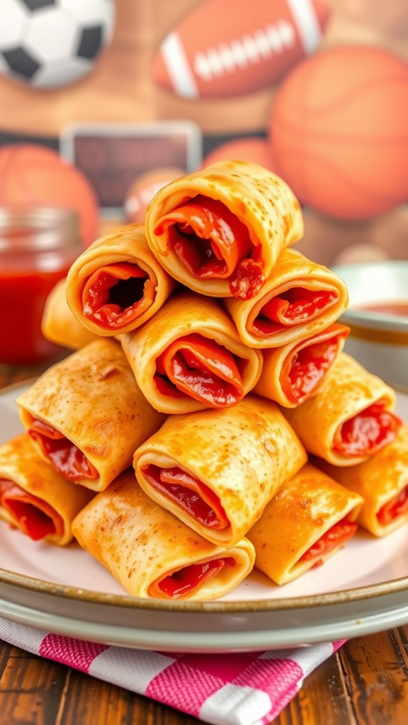 A stack of pepperoni pizza rolls on a plate with a red and white checkered napkin.