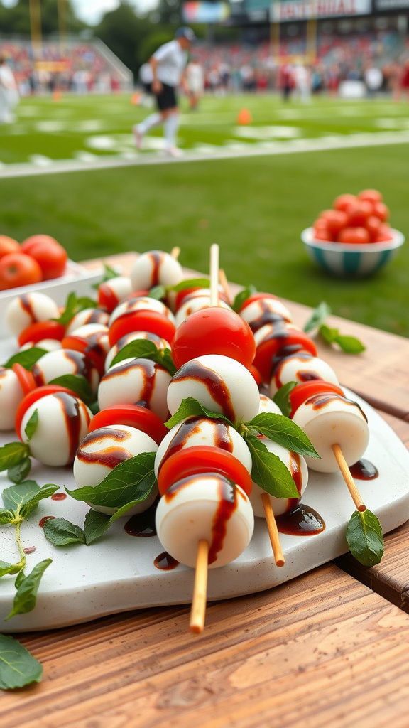 A platter of Caprese skewers with mozzarella, cherry tomatoes, and basil drizzled with balsamic glaze.