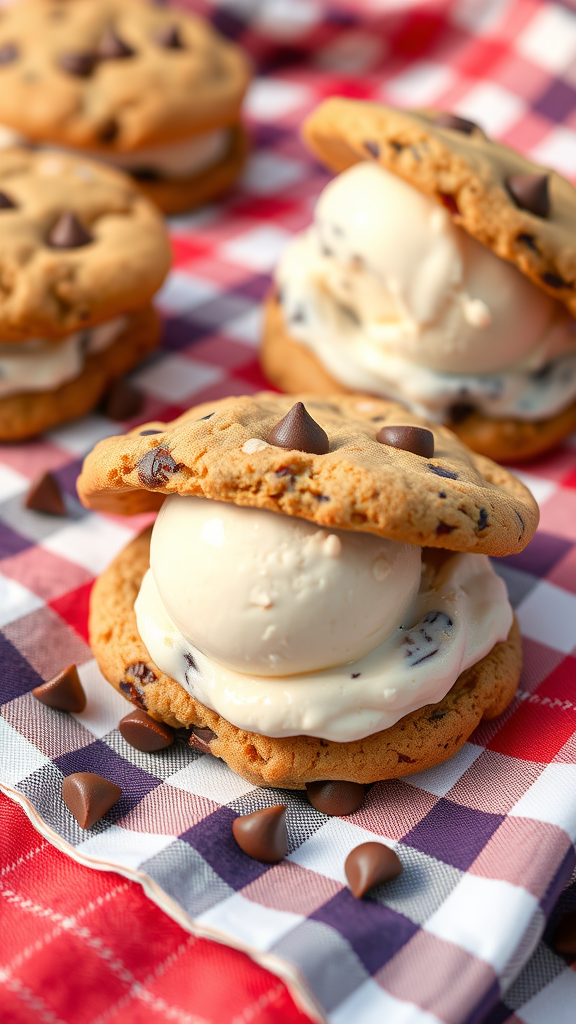 Delicious chocolate chip cookie sandwiches with vanilla ice cream in between, surrounded by chocolate chips on a checkered tablecloth.