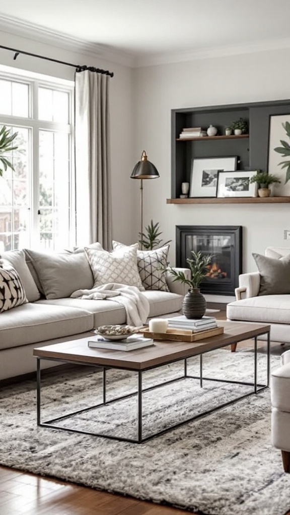 A cozy living room featuring a modern coffee table, light-colored sofas, and decorative pillows.