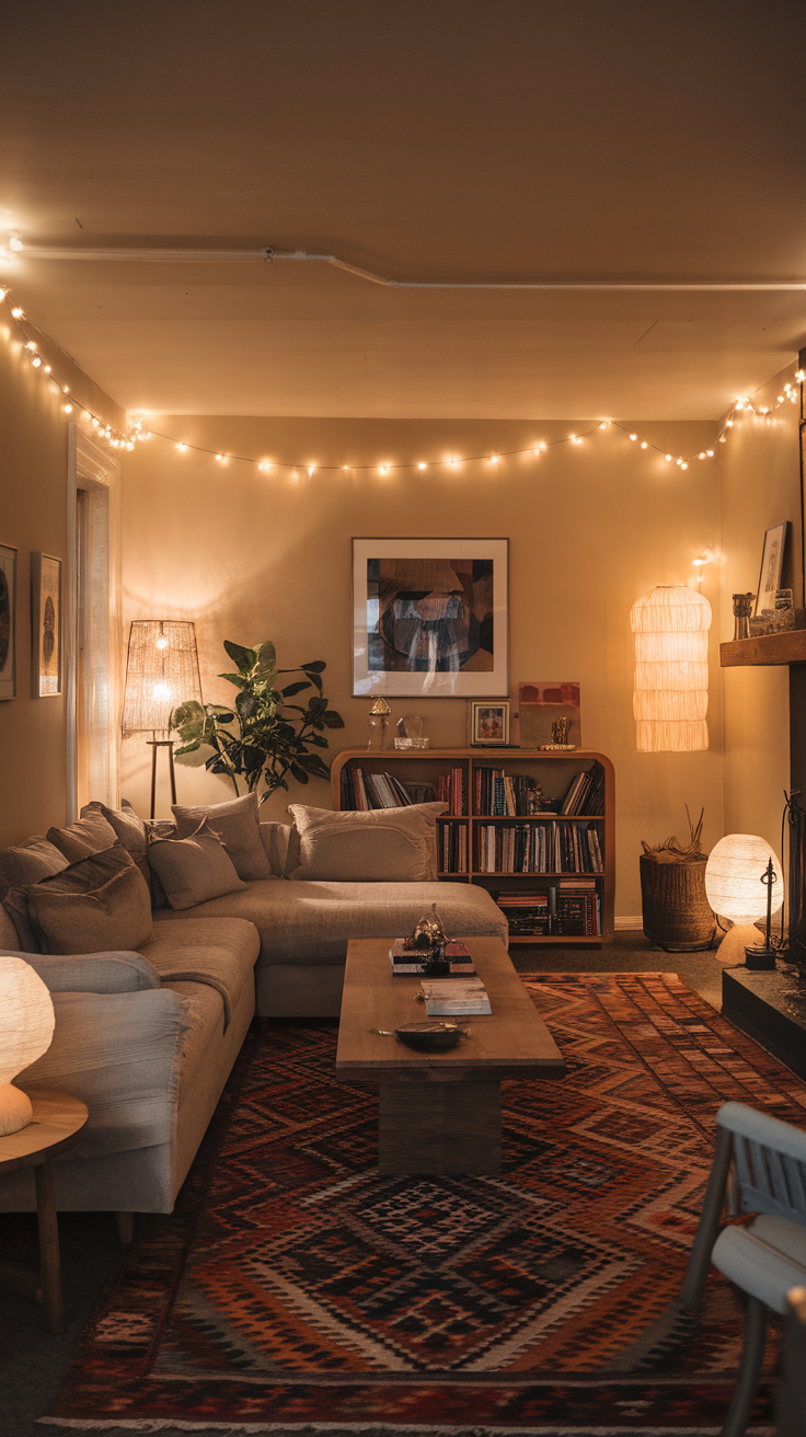 Cozy living room with ambient lighting and stylish decor.