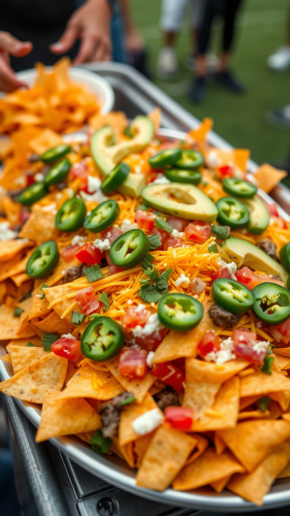 A large platter of loaded nachos topped with jalapeños, cheese, and fresh vegetables.