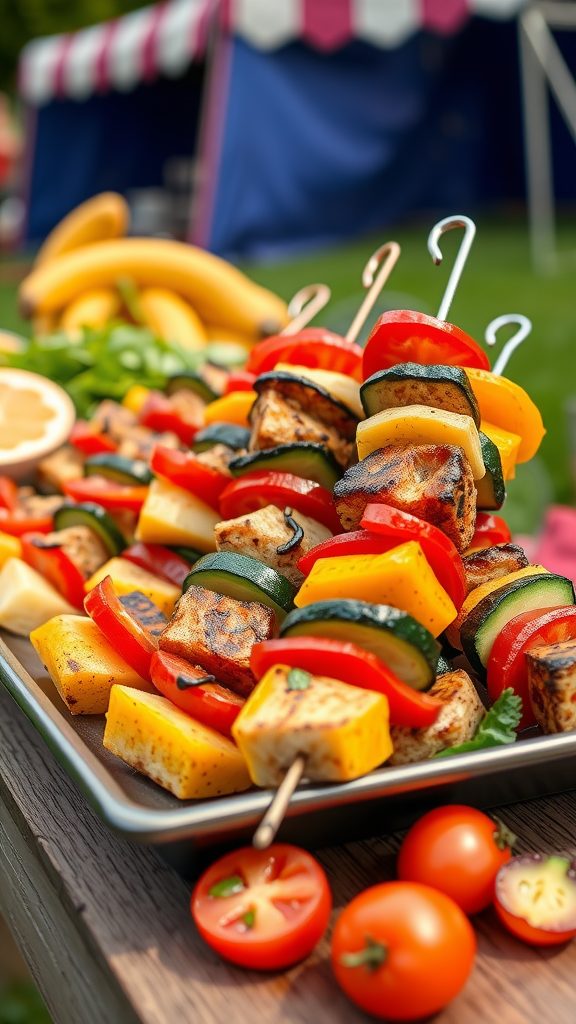 A vibrant platter of grilled veggie skewers with colorful peppers, zucchini, and tomatoes.