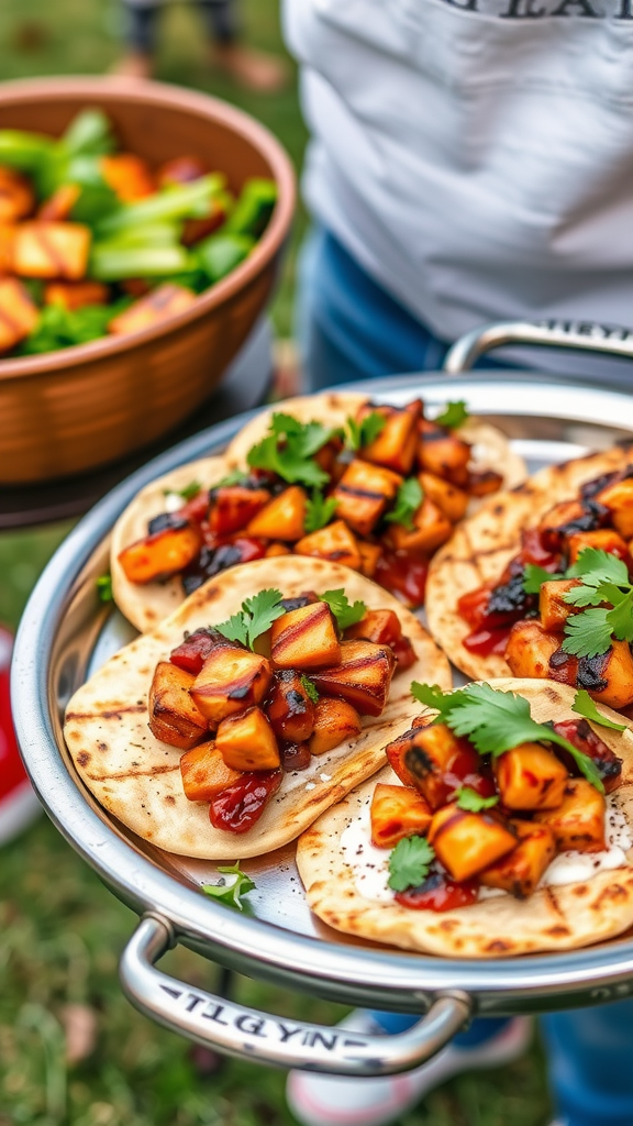 BBQ chicken flatbreads topped with diced pineapples and cilantro on a tray.