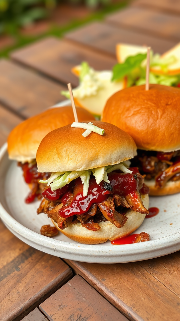 Three BBQ pulled pork sliders on a plate, garnished with cabbage and barbecue sauce.