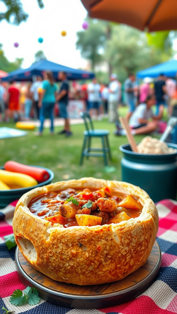 A bowl of vegetarian chili inside a bread bowl, set on a colorful picnic table.