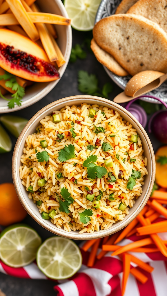 Bowl of cilantro lime rice garnished with fresh herbs, surrounded by colorful vegetables and lime slices.