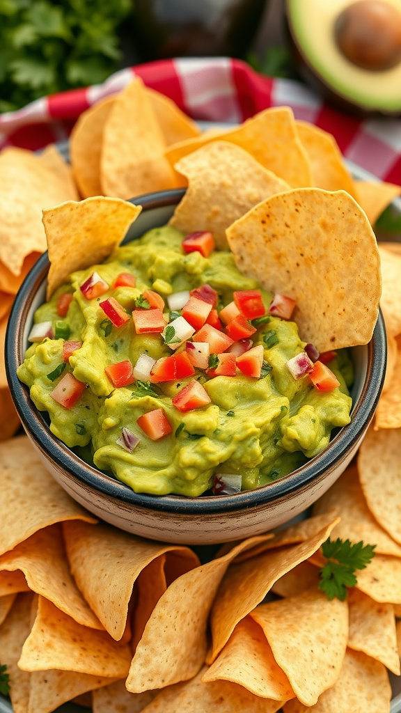 A bowl of guacamole topped with diced tomatoes, surrounded by tortilla chips.