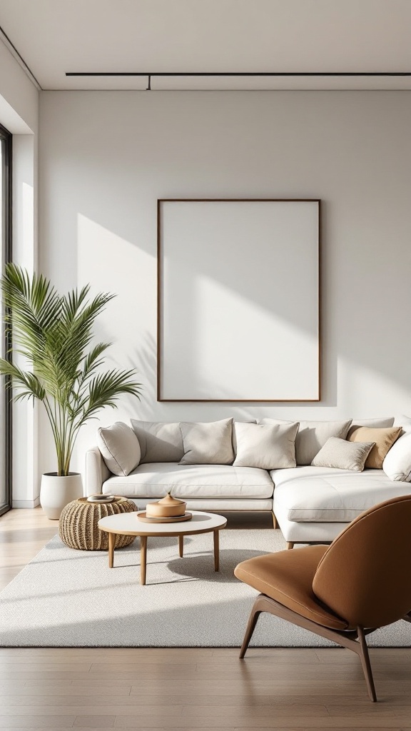 A minimalist living room featuring a tan ginger modern boho rug, a light-colored sofa with pillows, a round coffee table, and a green plant by the window.