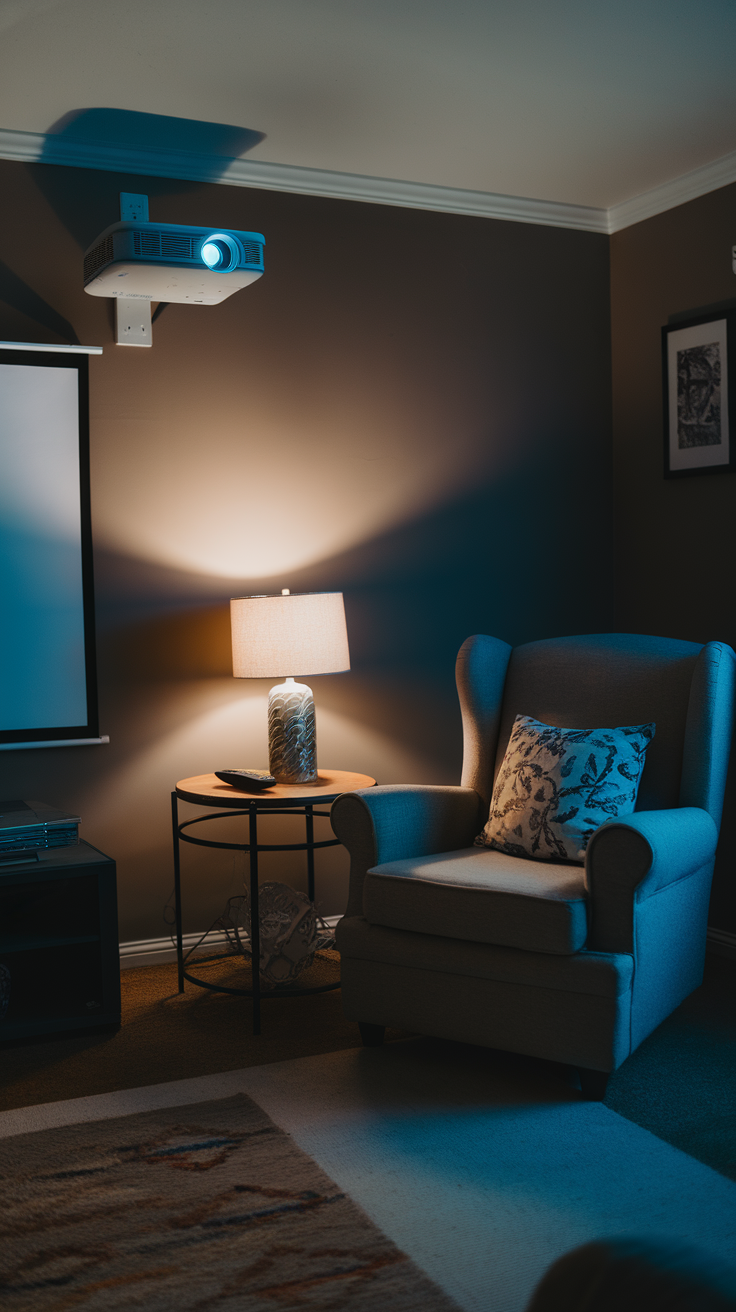 Cozy movie corner with a projector, comfortable chair, and warm lighting.