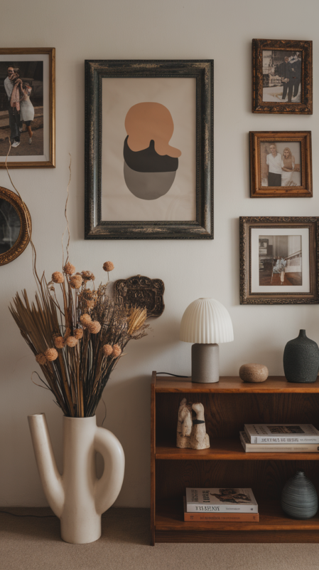 Carefully curated personal touches combining modern and vintage elements in a guest bedroom