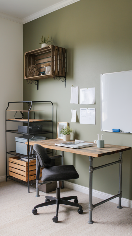 Budget-conscious small office transformation showing creative DIY solutions and smart organization