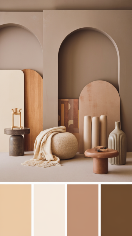 Sophisticated color palette for a cozy modern guest bedroom featuring warm neutrals, wood tones, and subtle vintage accents