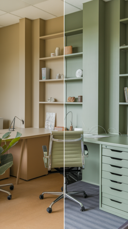 Small office space showcasing effective use of color to create depth and visual interest while maintaining professionalism