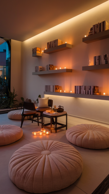 Cozy relaxation area in wellness room featuring reading nook and tea station