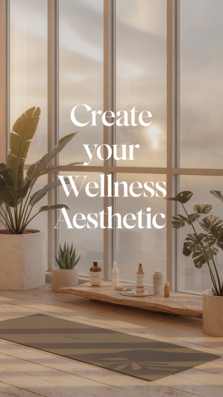 Luxurious wellness space featuring natural light, yoga equipment, and organized self-care products in a serene neutral color palette