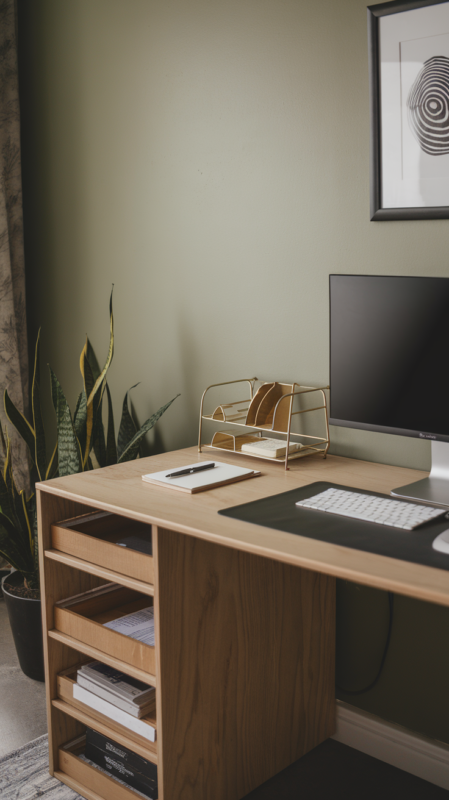 Organized small desk setup with minimal clutter, featuring smart storage solutions and clean cable management