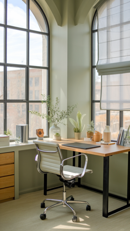 Window-focused home office showcasing optimal desk placement and natural light management