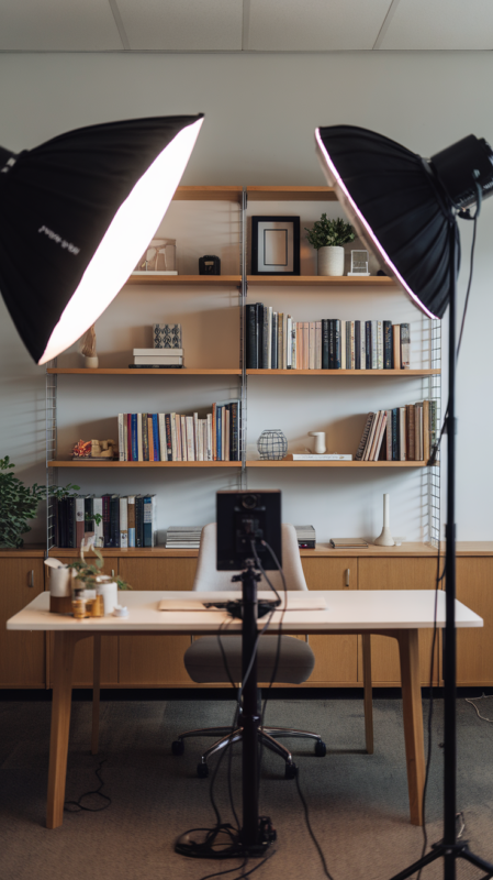 Small office with professionally styled video call background showing optimal lighting and decor placement