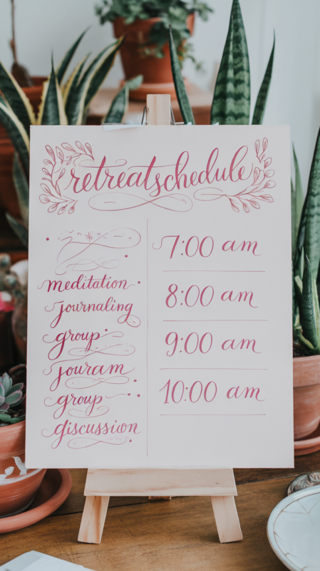 Wellness retreat schedule board with balanced activities
